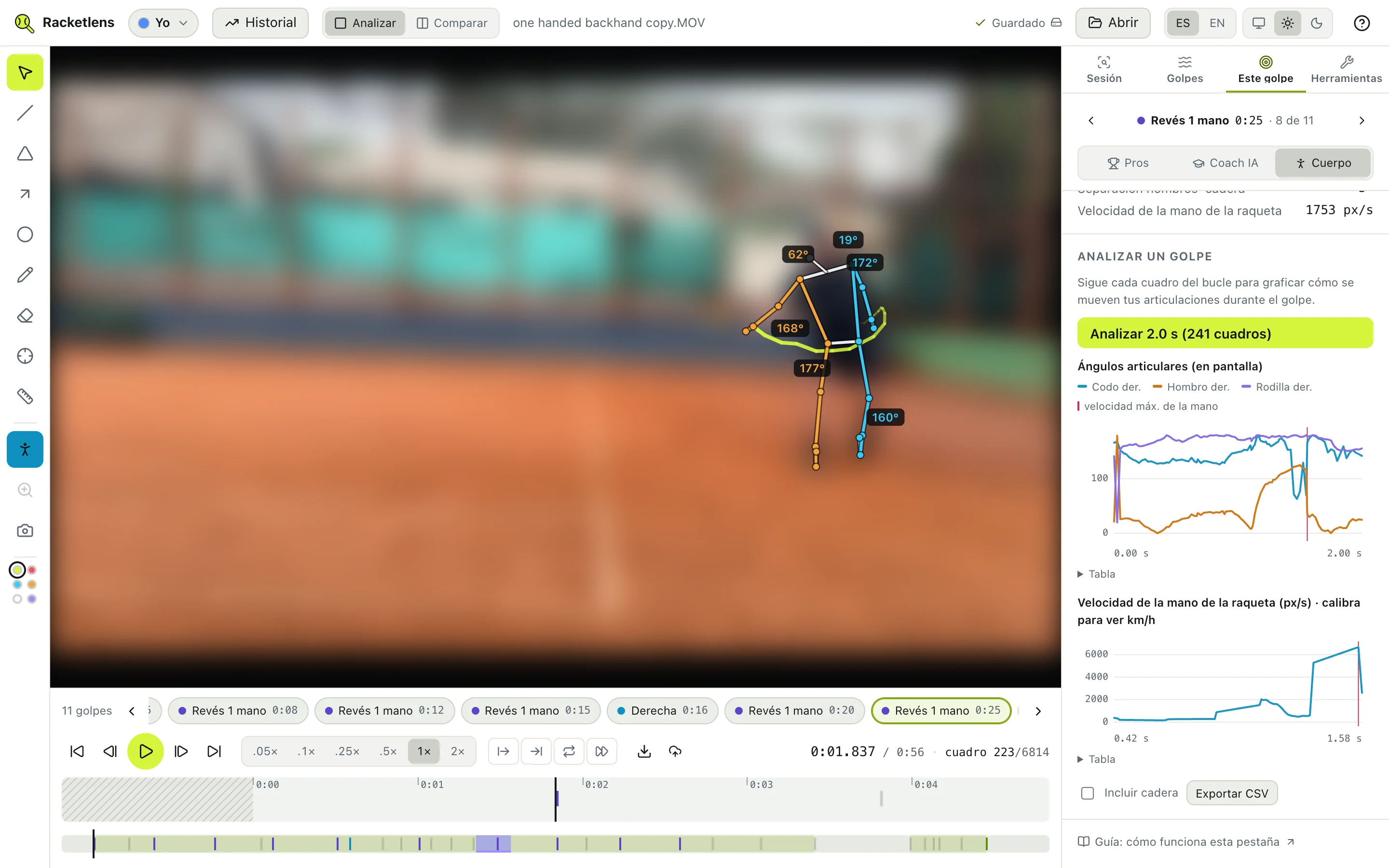 El analizador de Racketlens con seguimiento corporal, ángulos y la línea de tiempo de un golpe. El jugador está difuminado por privacidad.